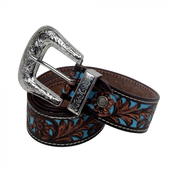 New Hand-tooled Leather Black silver buckle Turquoise Belt Myra Bag Western boho - Picture 3 of 5